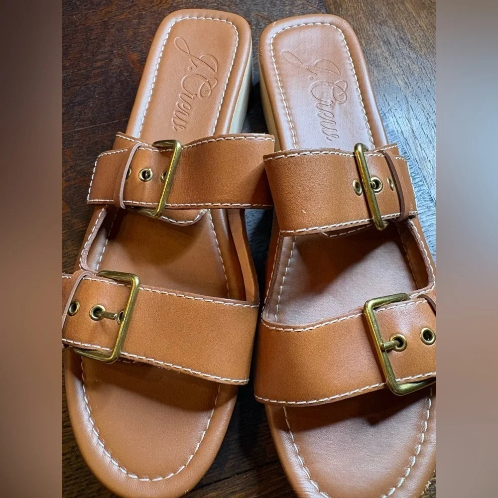 J. Crew- Leather Double Buckle-Strap Sandals in Color Rich Oak. Size 10.5